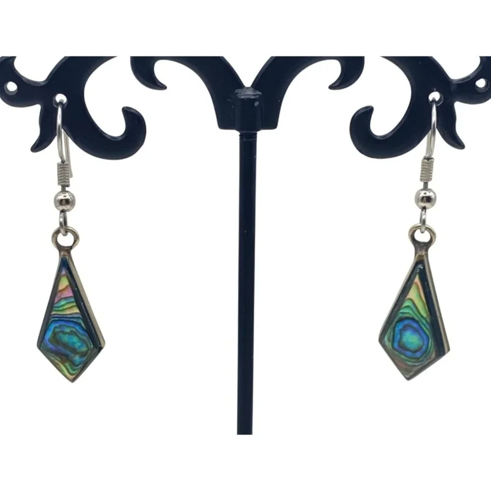 Abalone Shell Drop Earrings Geometric Silver-Tone Dangle Boho Modern Paua - Picture 2 of 7